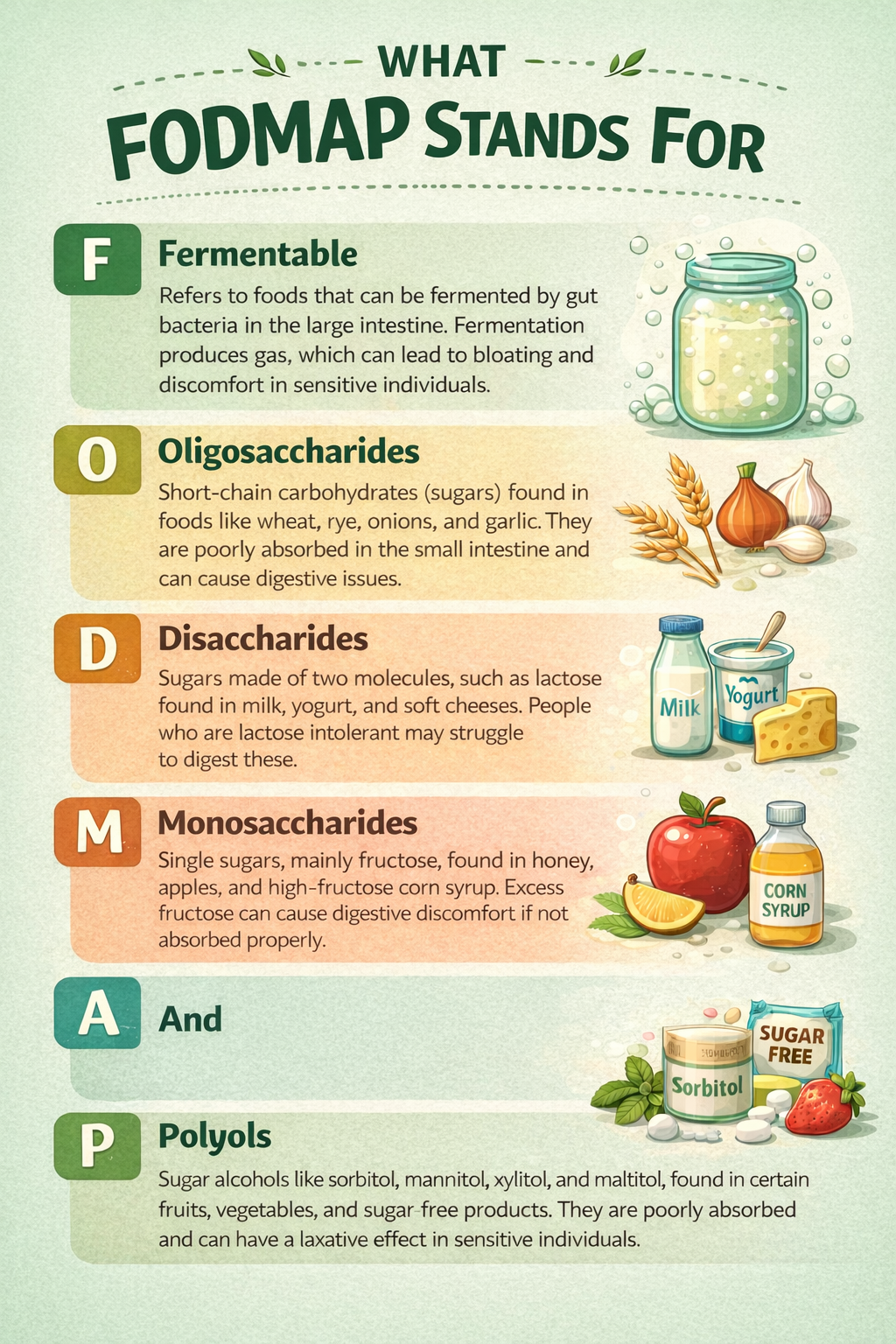 What FODMAP stands for — Fermentable Oligosaccharides, Disaccharides, Monosaccharides, And Polyols