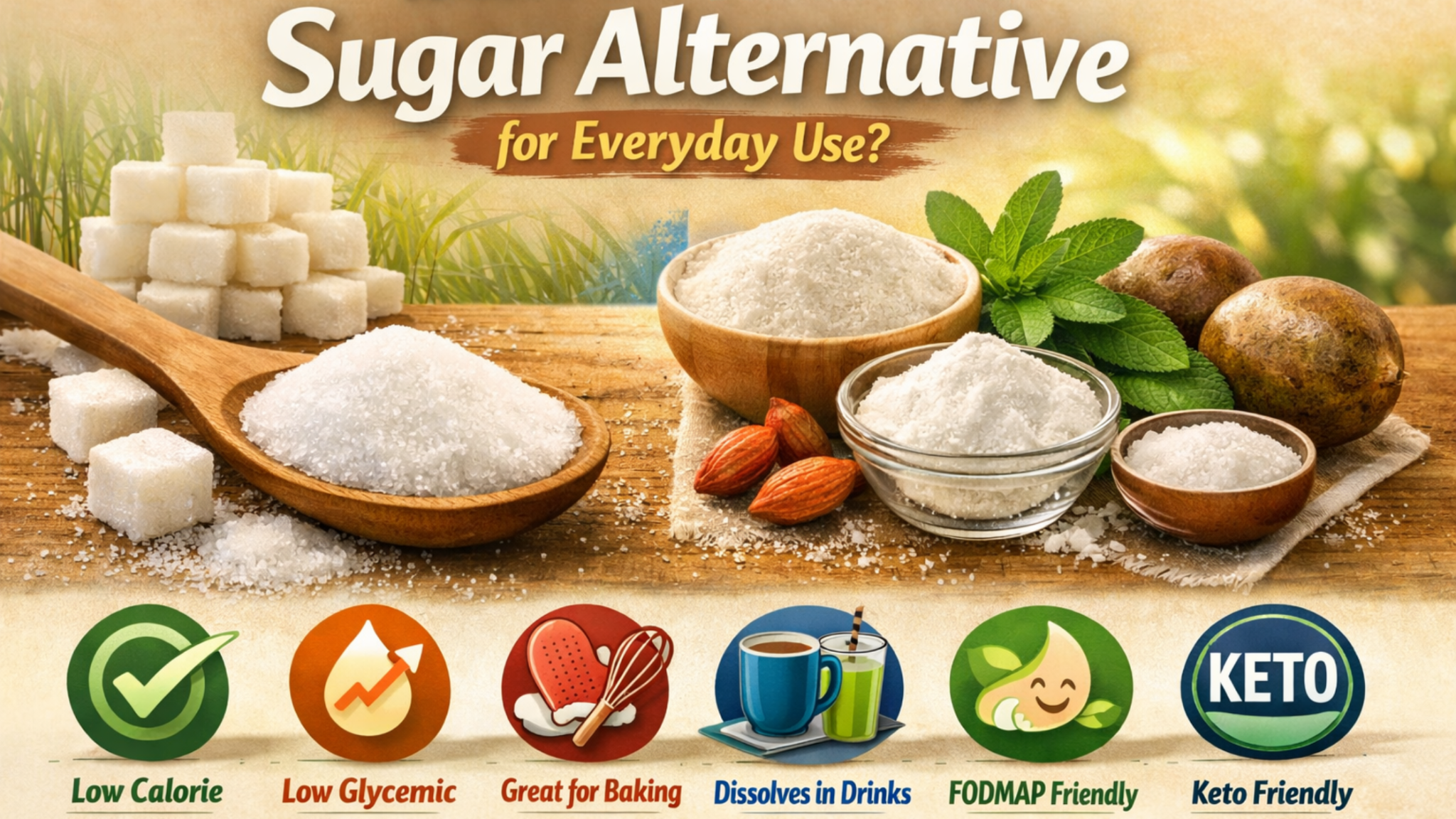 Healthiest sugar alternative for everyday use — low calorie, low glycemic, great for baking, dissolves in drinks, FODMAP friendly, keto friendly